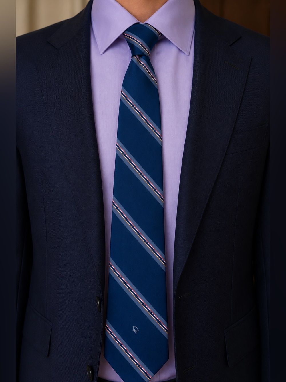 Christian Dior 57” Blue Stripe Logo Necktie Repp Stripe Preppy
